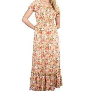Loretta Caponi Square Neck Pink Floral Stefania Maxi Dress Medium